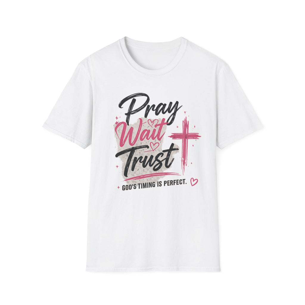 Pray Wait Trust T‑Shirt — Inspirational Christian Faith Tee with Cross