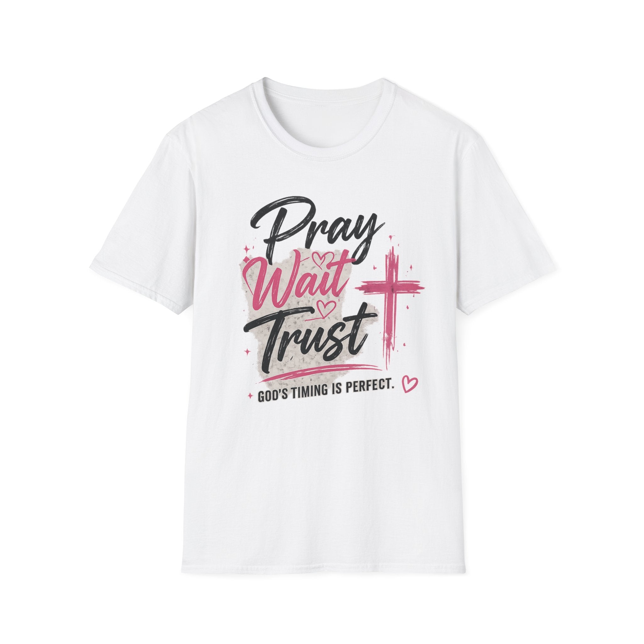 Pray Wait Trust T‑Shirt — Inspirational Christian Faith Tee with Cross