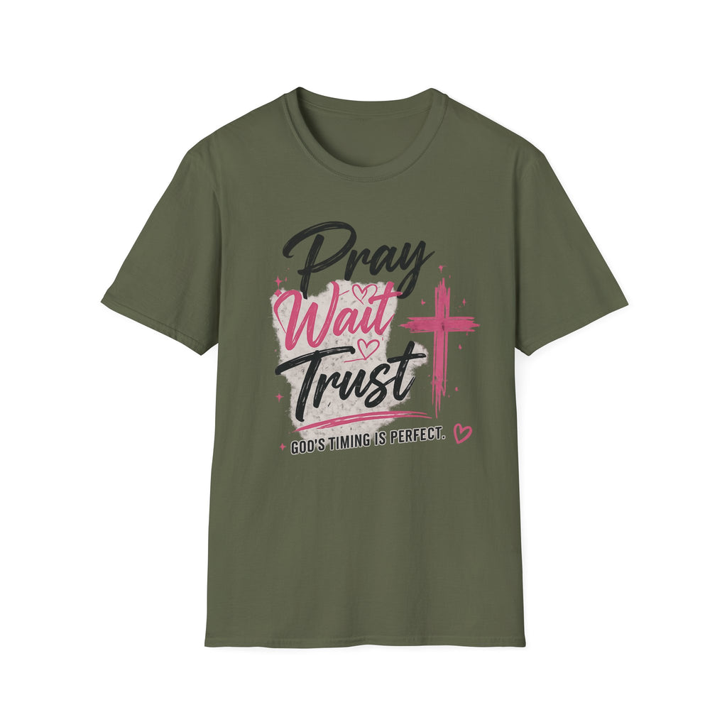 Pray Wait Trust T‑Shirt — Inspirational Christian Faith Tee with Cross