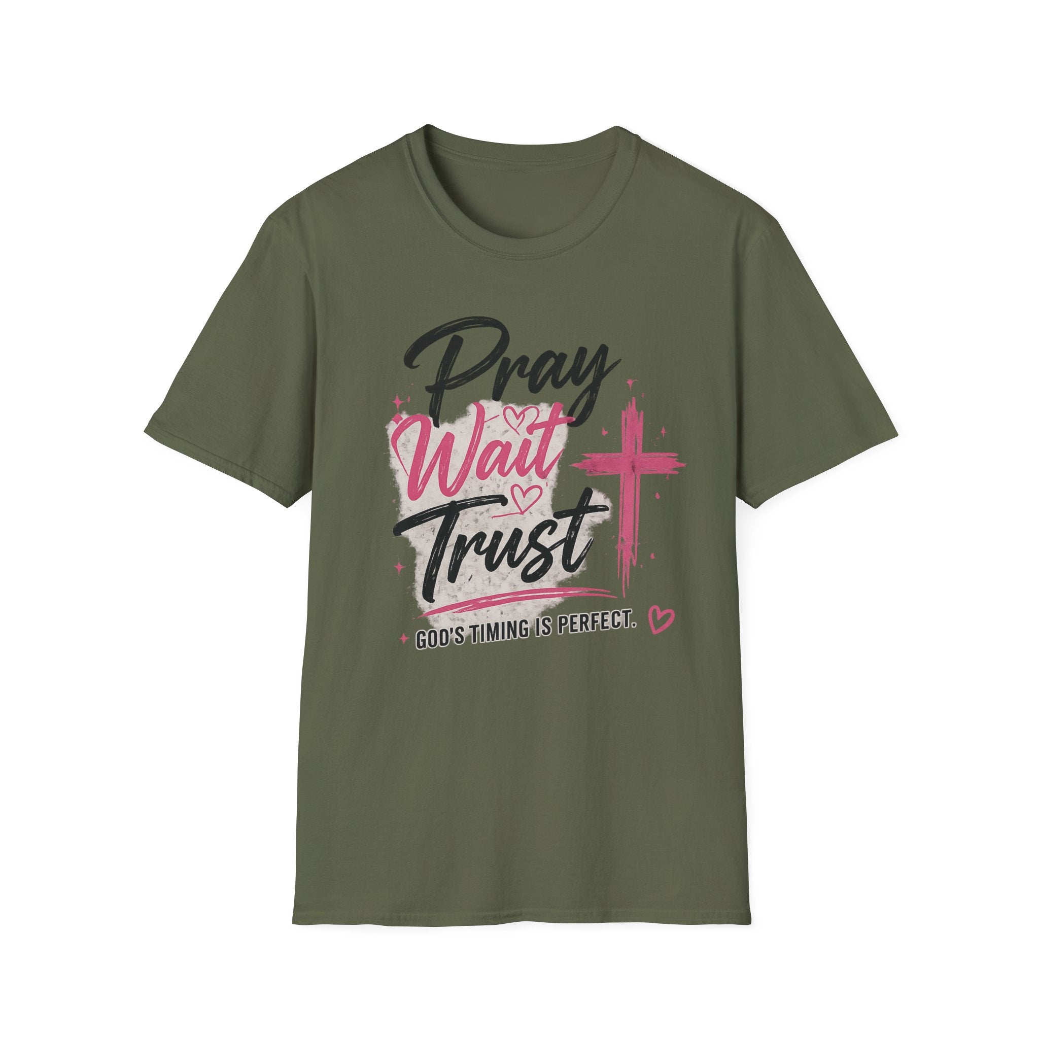 Pray Wait Trust T‑Shirt — Inspirational Christian Faith Tee with Cross