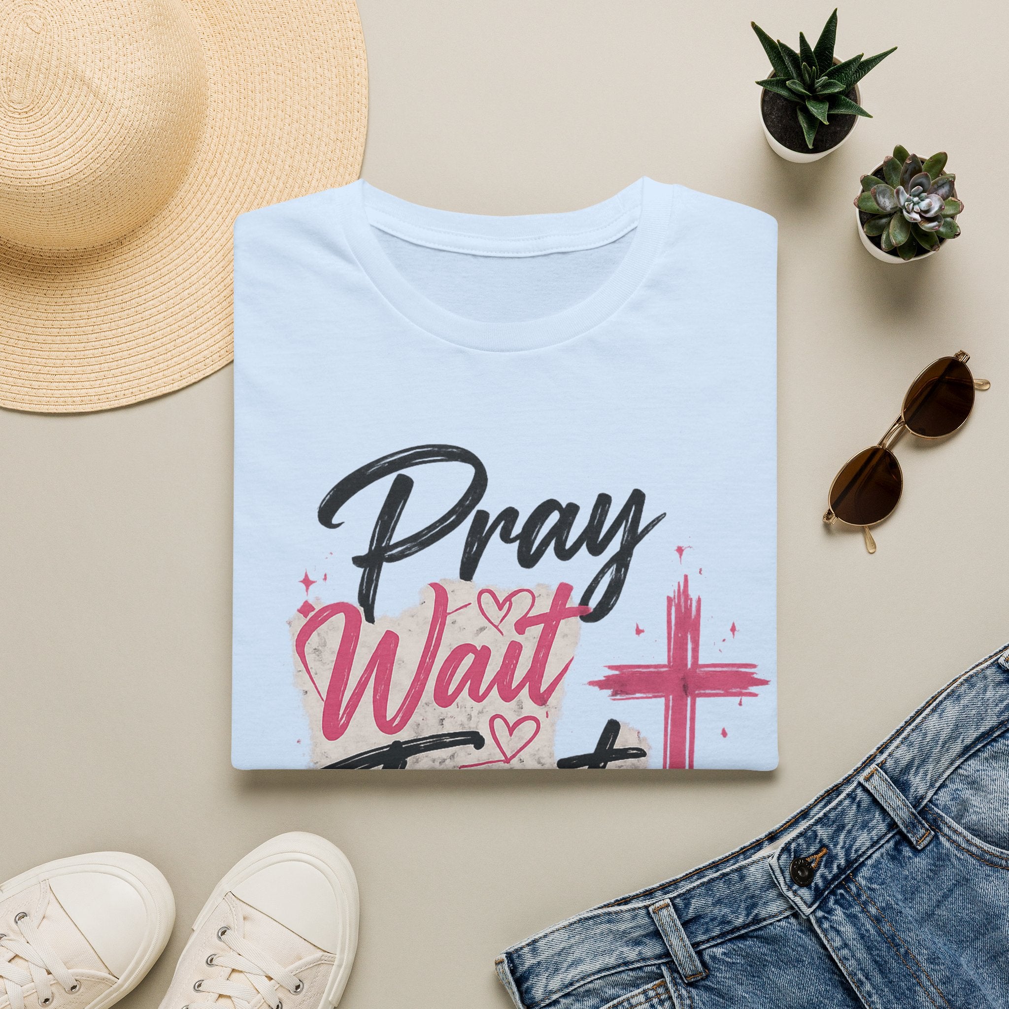Pray Wait Trust T‑Shirt — Inspirational Christian Faith Tee with Cross
