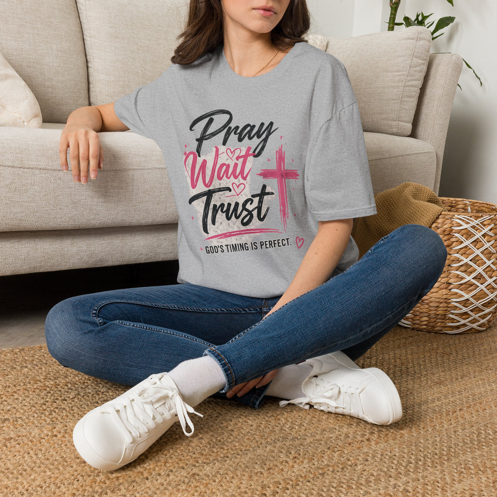 Pray Wait Trust T‑Shirt — Inspirational Christian Faith Tee with Cross