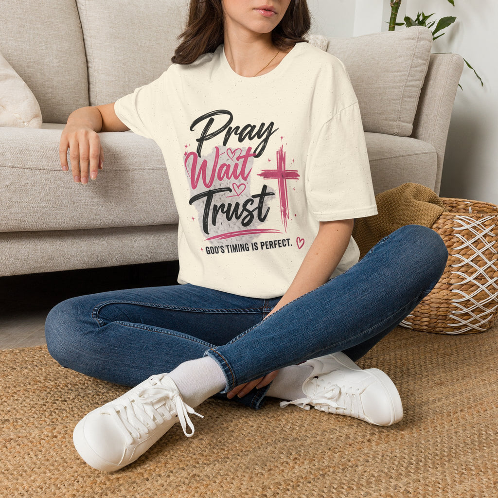 Pray Wait Trust T‑Shirt — Inspirational Christian Faith Tee with Cross