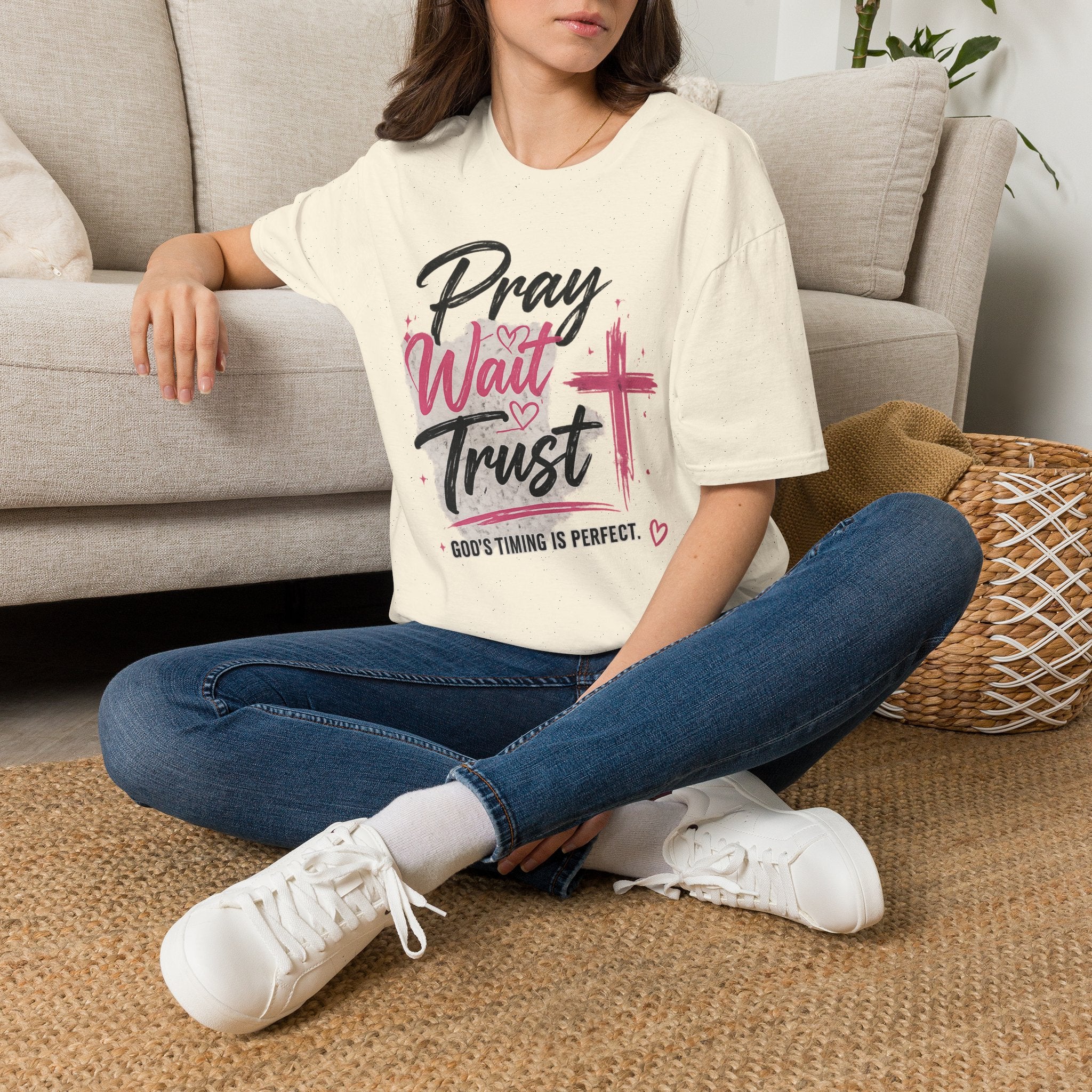 Pray Wait Trust T‑Shirt — Inspirational Christian Faith Tee with Cross