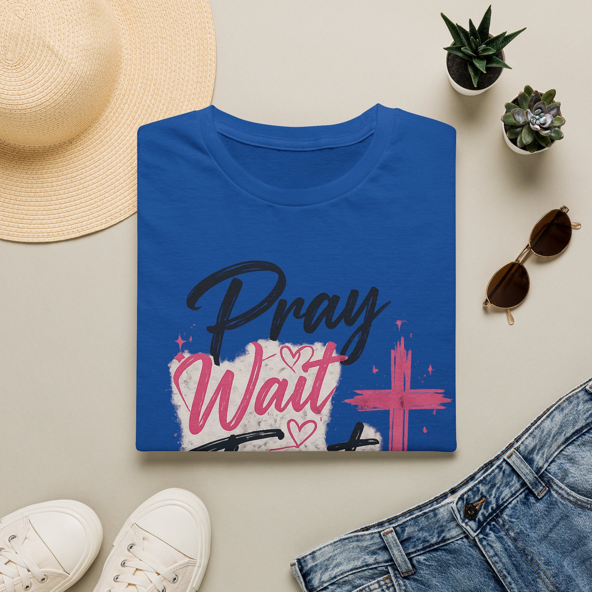 Pray Wait Trust T‑Shirt — Inspirational Christian Faith Tee with Cross