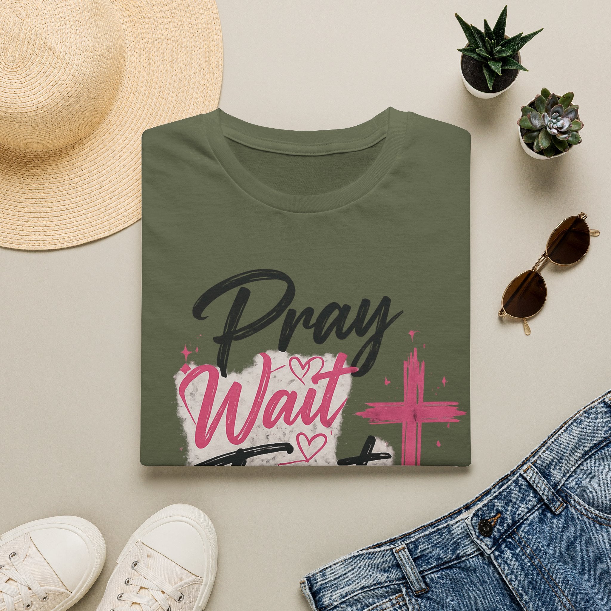Pray Wait Trust T‑Shirt — Inspirational Christian Faith Tee with Cross