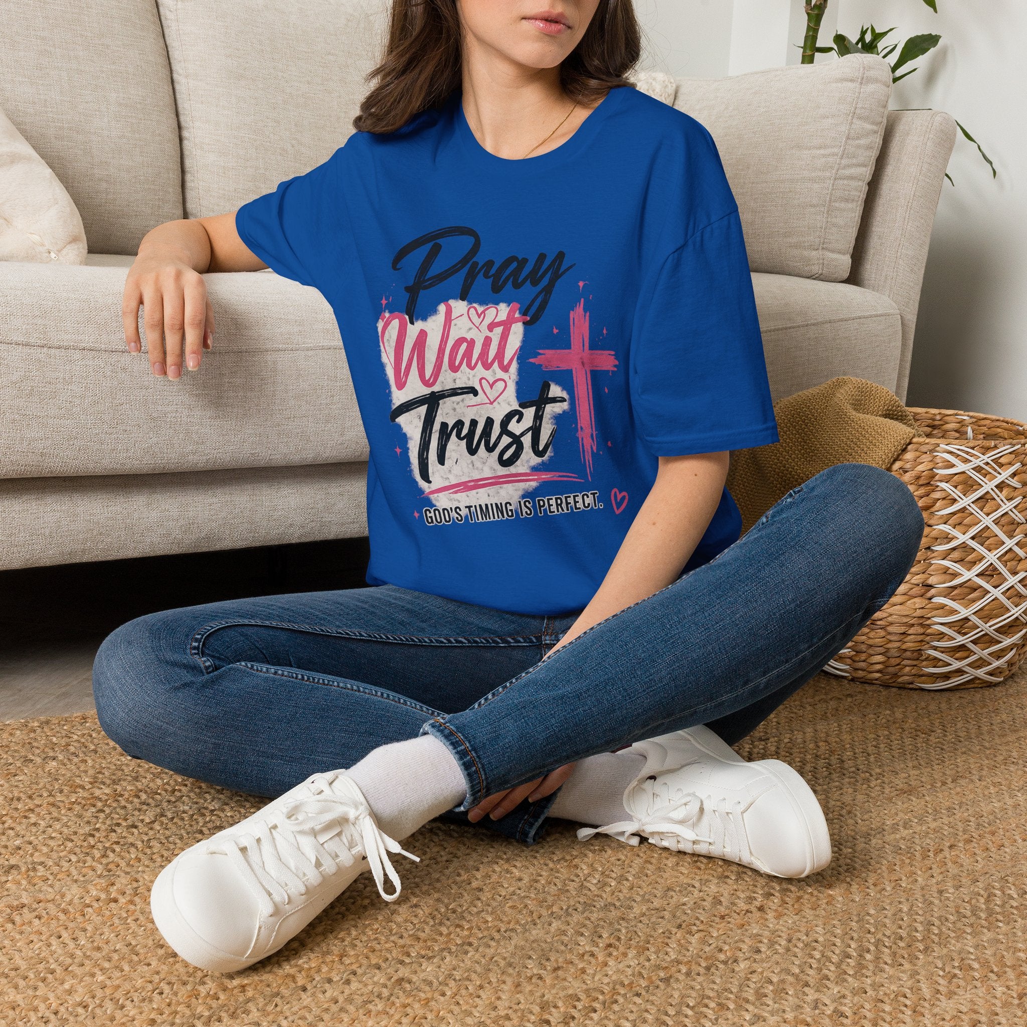 Pray Wait Trust T‑Shirt — Inspirational Christian Faith Tee with Cross