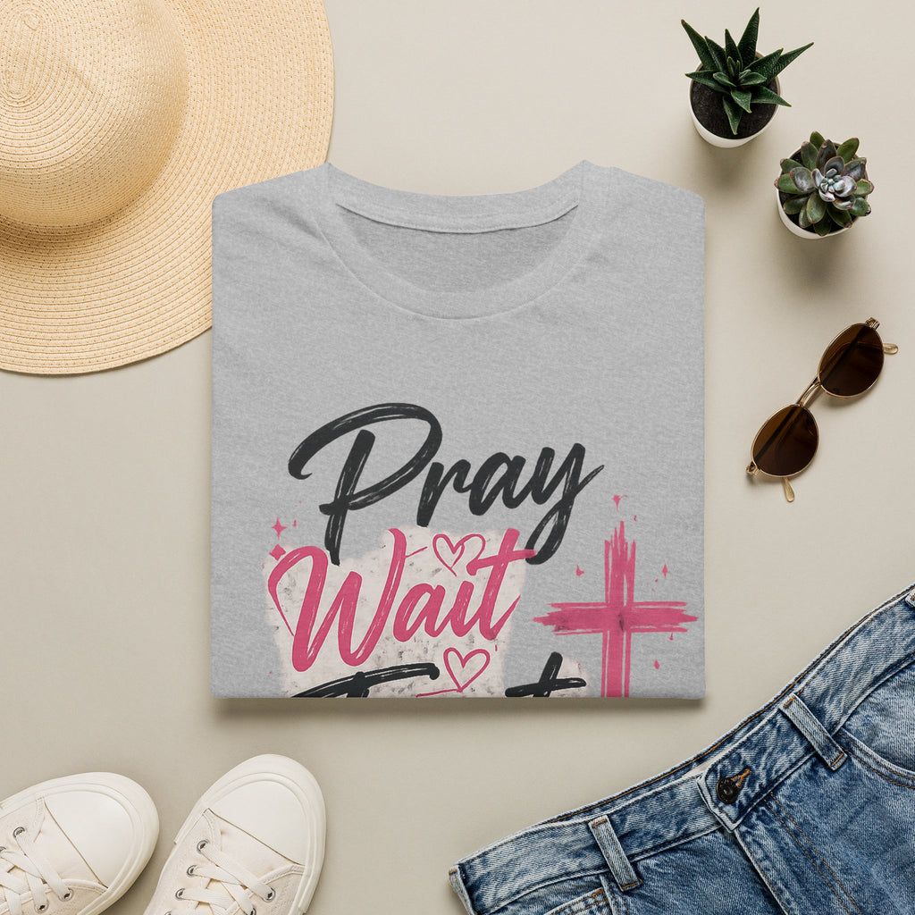 Pray Wait Trust T‑Shirt — Inspirational Christian Faith Tee with Cross