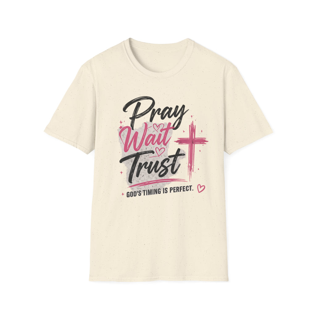 Pray Wait Trust T‑Shirt — Inspirational Christian Faith Tee with Cross