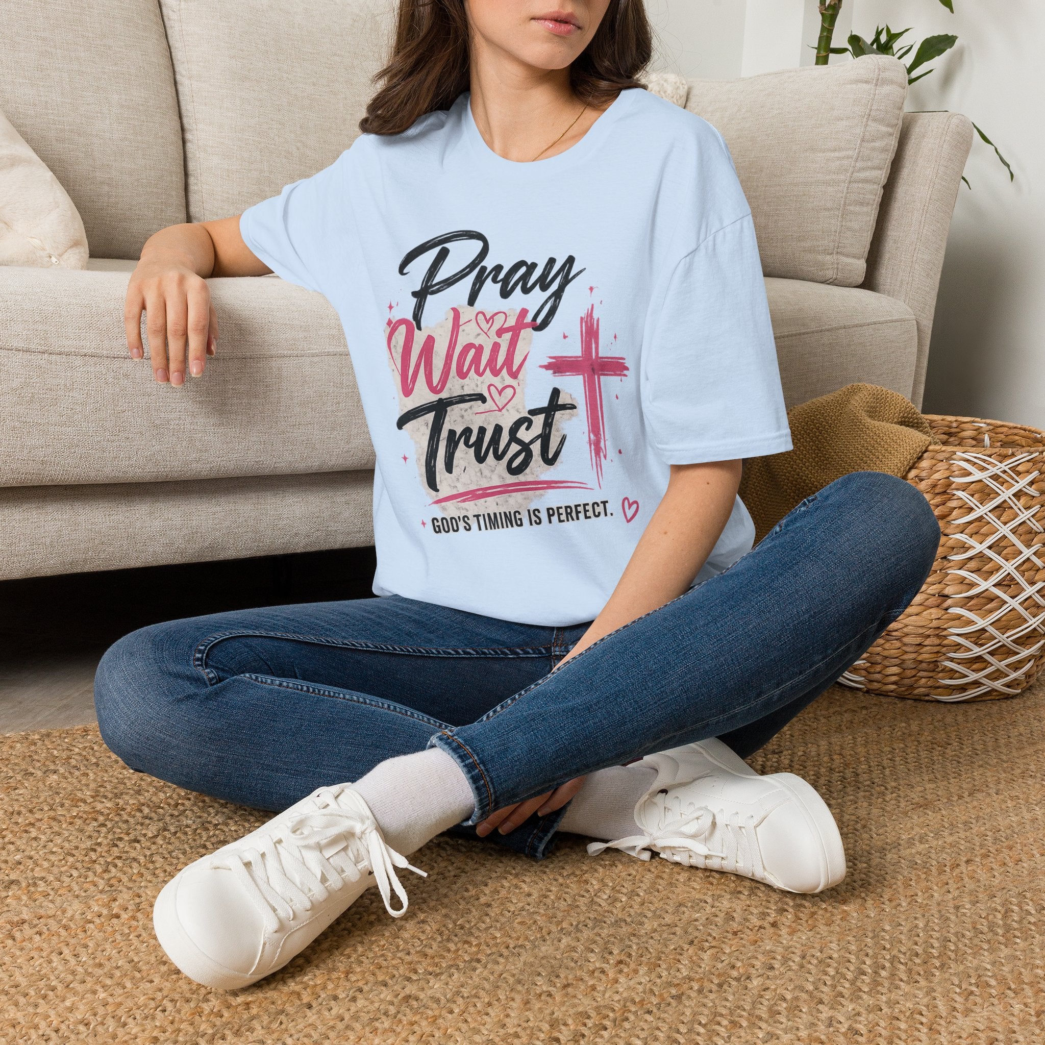 Pray Wait Trust T‑Shirt — Inspirational Christian Faith Tee with Cross