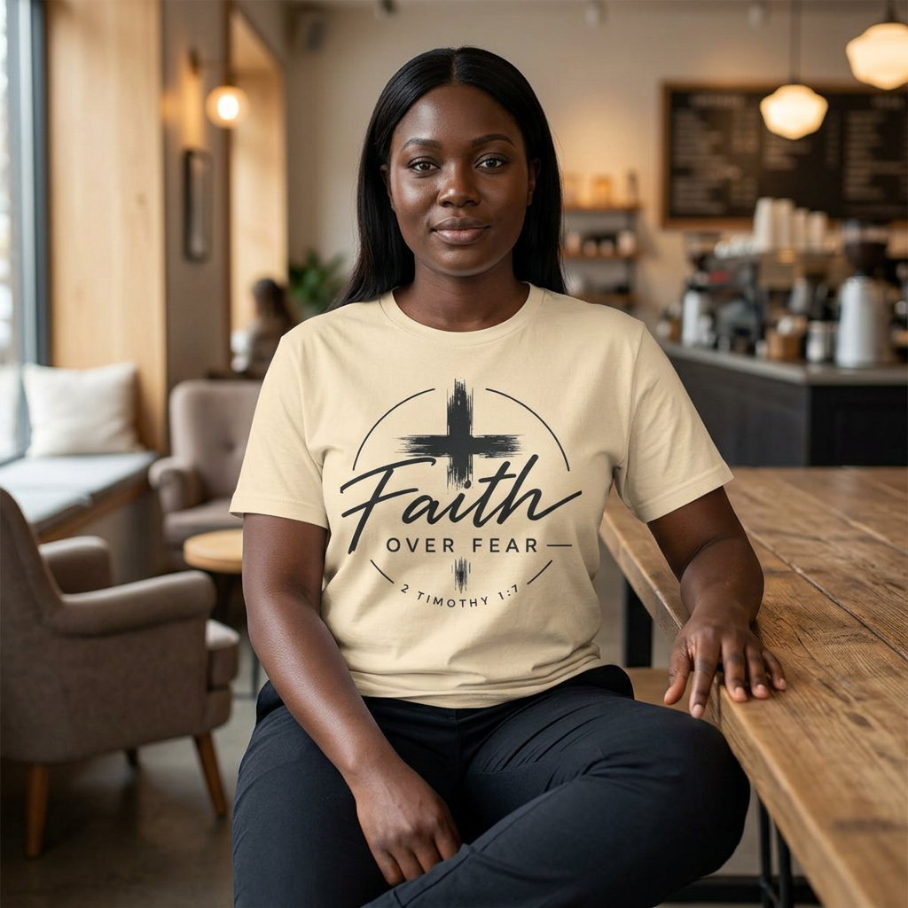 Faith Over Fear T-Shirt — Christian Cross 2 Timothy 1:7 Inspirational Tee