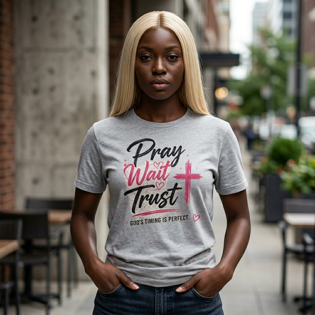 Pray Wait Trust T‑Shirt — Inspirational Christian Faith Tee with Cross