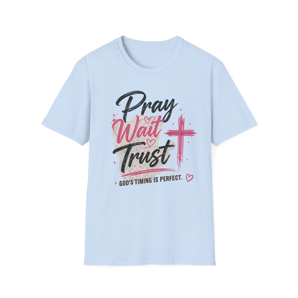 Pray Wait Trust T‑Shirt — Inspirational Christian Faith Tee with Cross