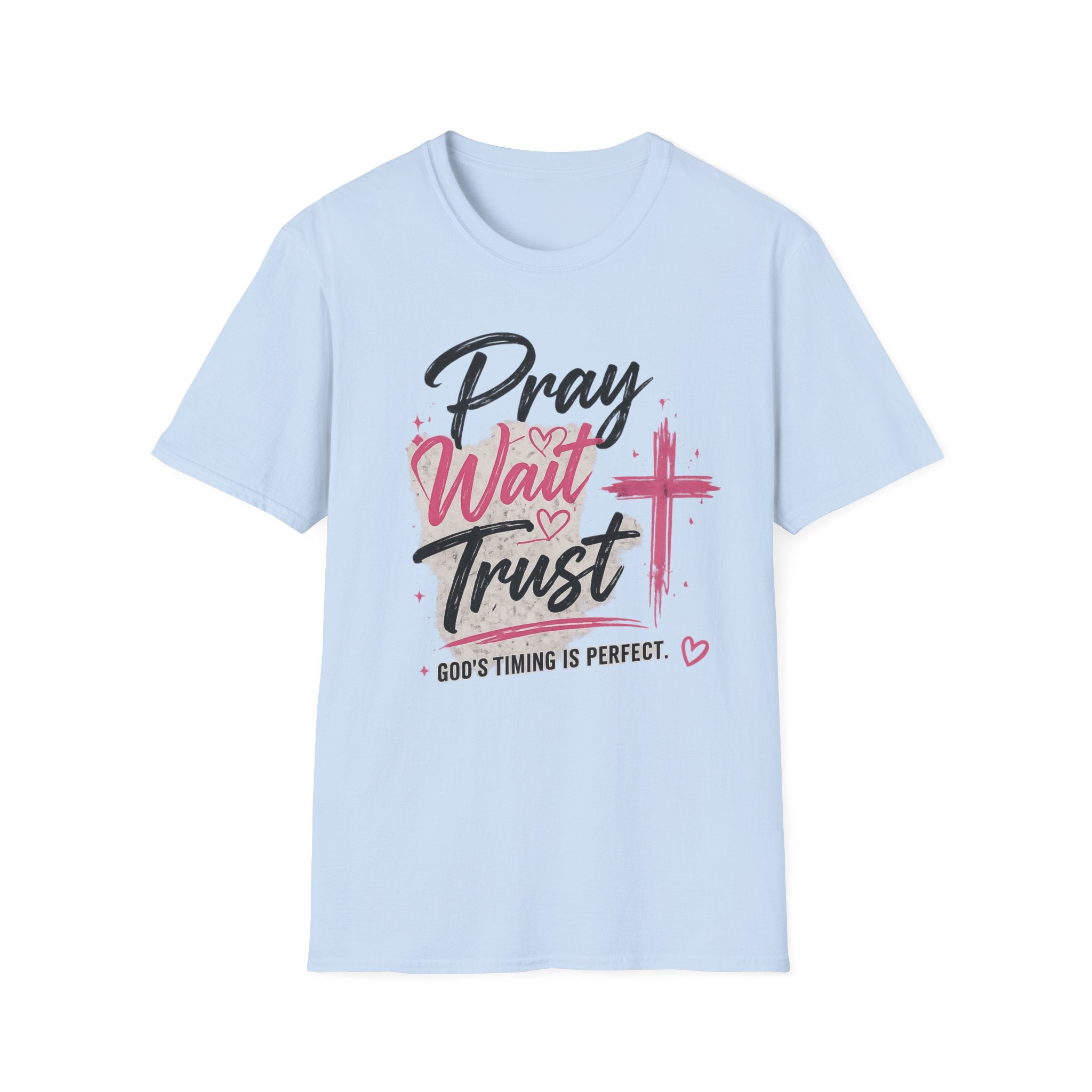 Pray Wait Trust T‑Shirt — Inspirational Christian Faith Tee with Cross