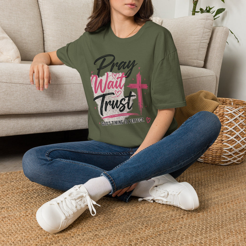 Pray Wait Trust T‑Shirt — Inspirational Christian Faith Tee with Cross
