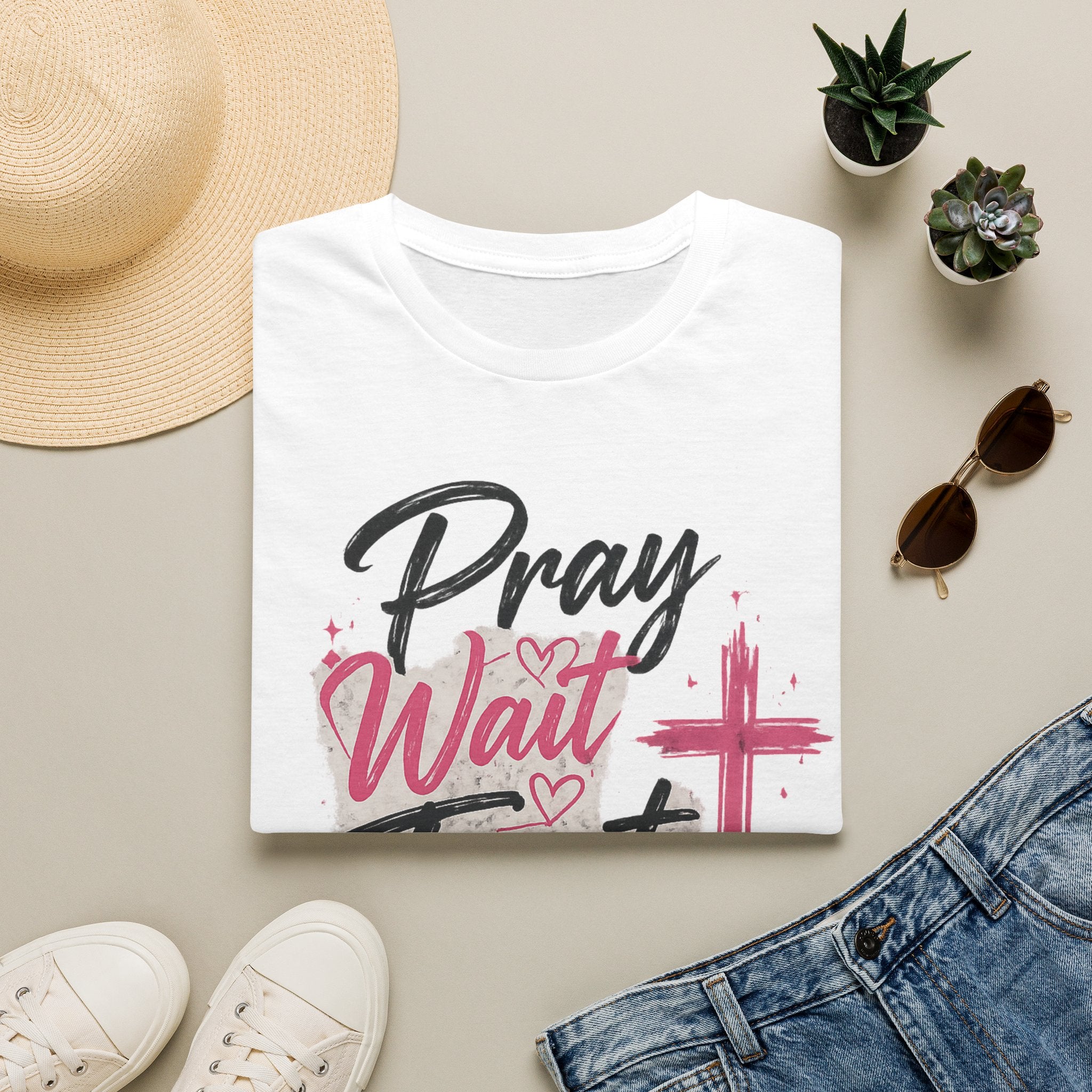 Pray Wait Trust T‑Shirt — Inspirational Christian Faith Tee with Cross