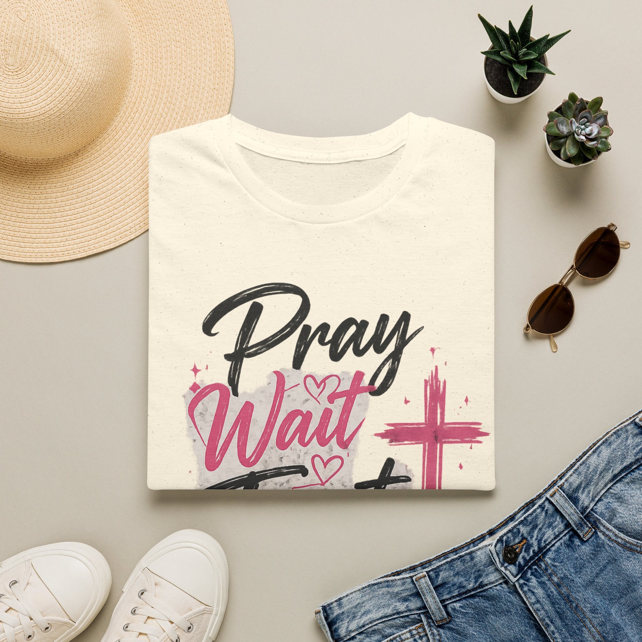Pray Wait Trust T‑Shirt — Inspirational Christian Faith Tee with Cross