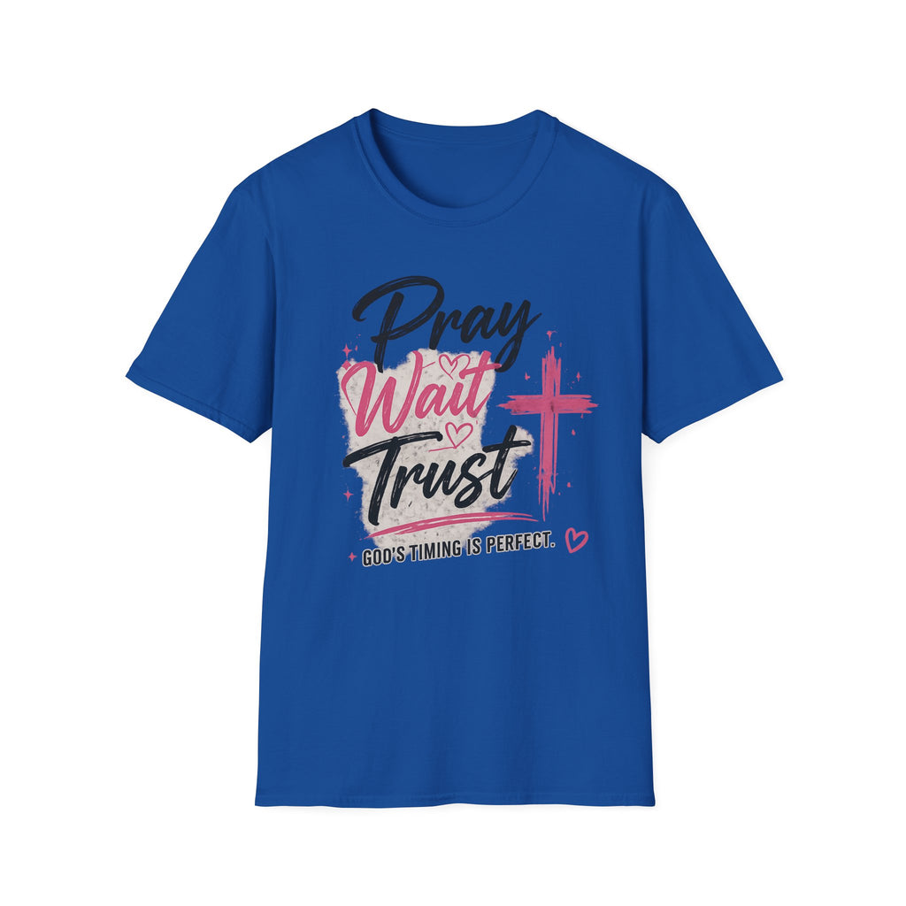 Pray Wait Trust T‑Shirt — Inspirational Christian Faith Tee with Cross