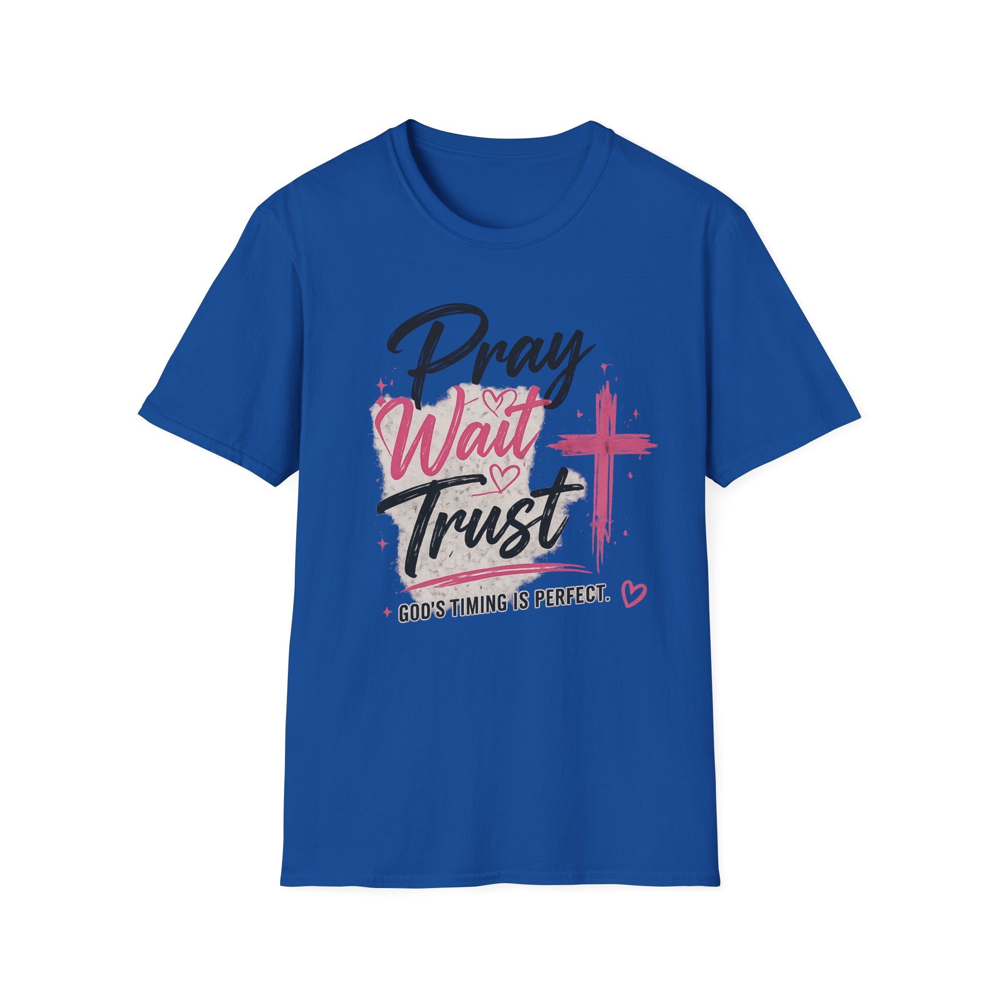 Pray Wait Trust T‑Shirt — Inspirational Christian Faith Tee with Cross