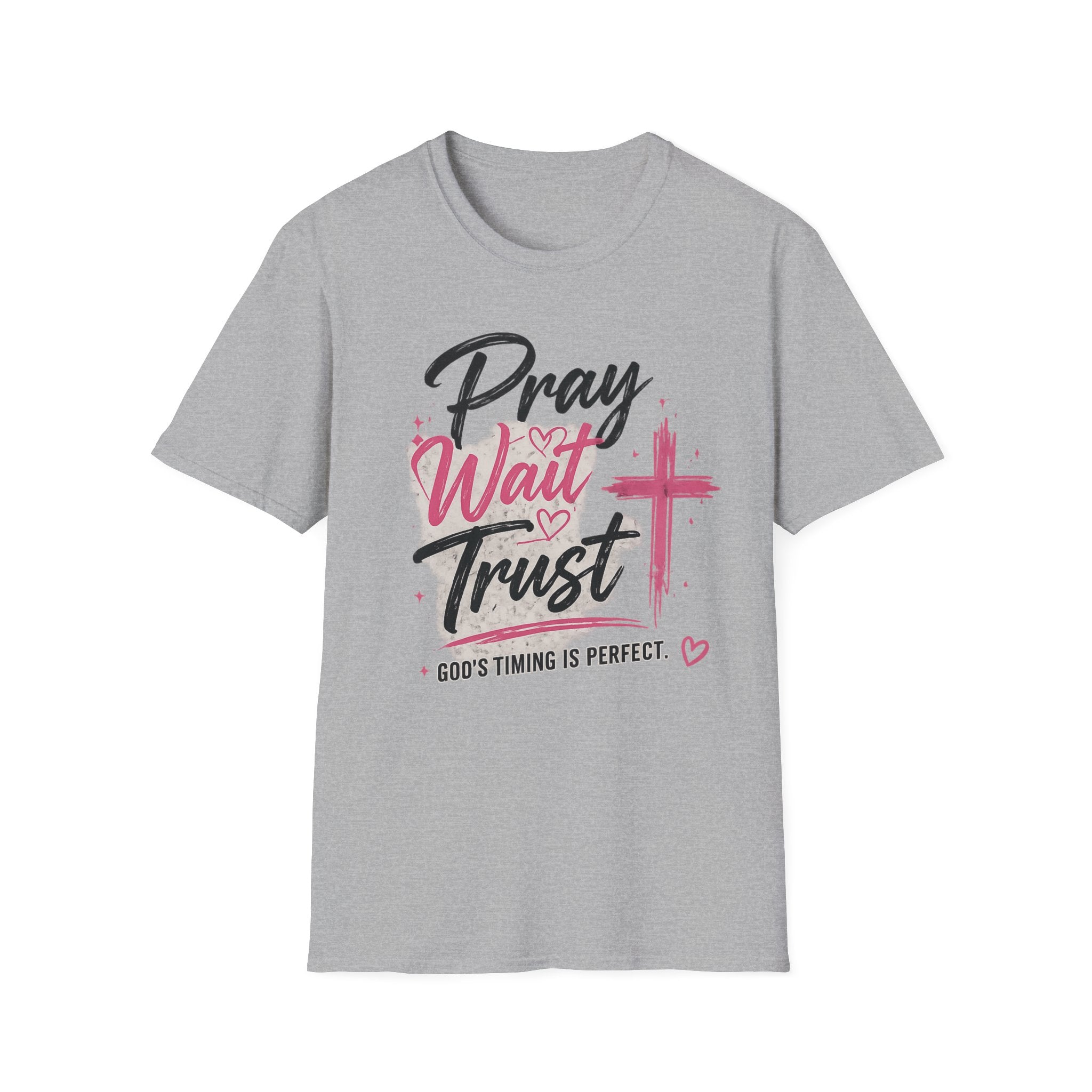 Pray Wait Trust T‑Shirt — Inspirational Christian Faith Tee with Cross